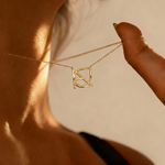 DaniByDsgn custom symbol necklace close-up on neck – personalized 9k yellow gold one-of-a-kind pendant, luxury bespoke initial jewelry