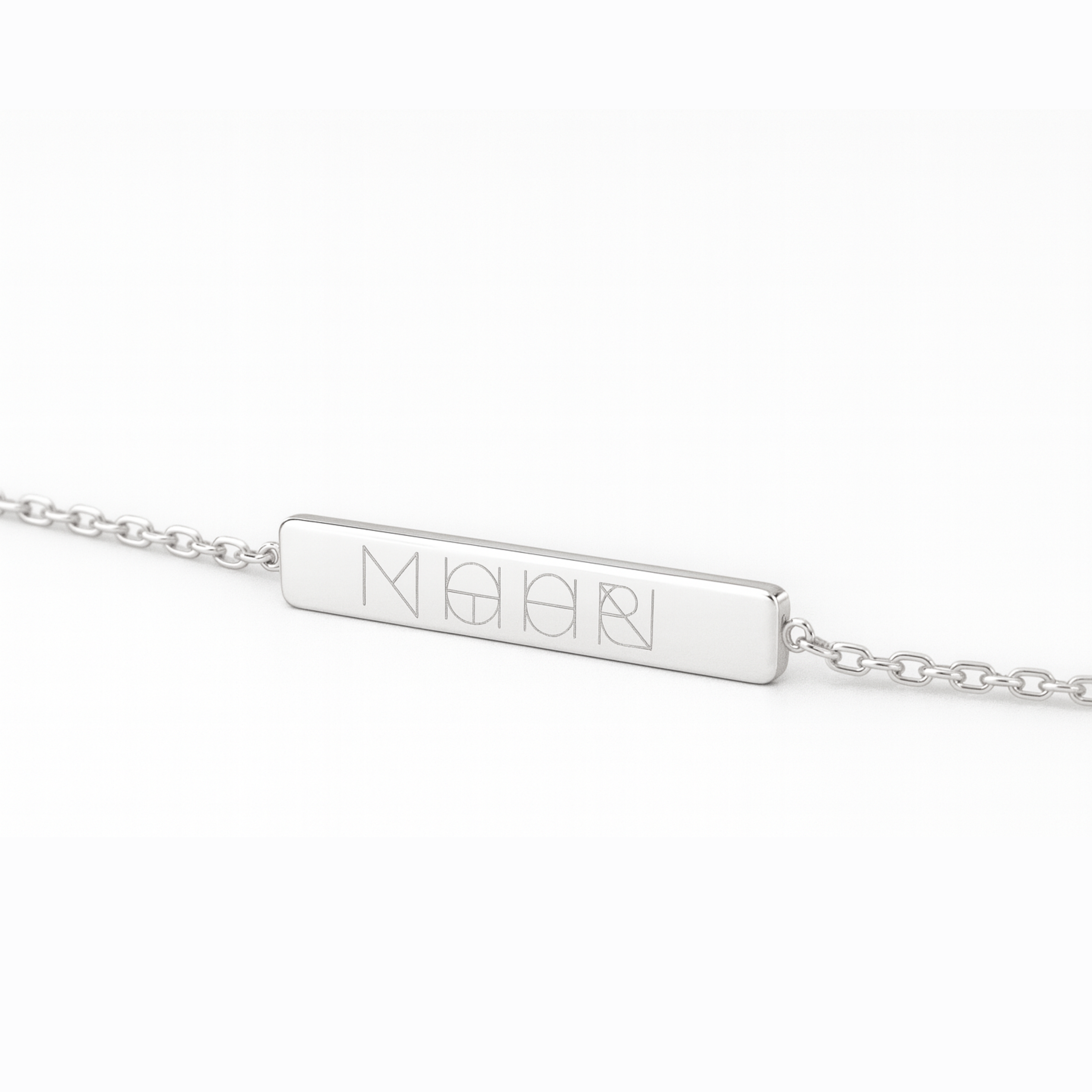 Side view of the Danibydsgn engravable bar bracelet in polished 925 sterling silver, showcasing a precise four-symbol geometric logo engraving on a slim rectangular bar with fine linked chain detail.