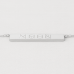 Front view of the Danibydsgn engravable bar necklace in 925 sterling silver, featuring a sleek rectangular bar engraved with a four-symbol geometric logo, attached to a delicate silver chain.