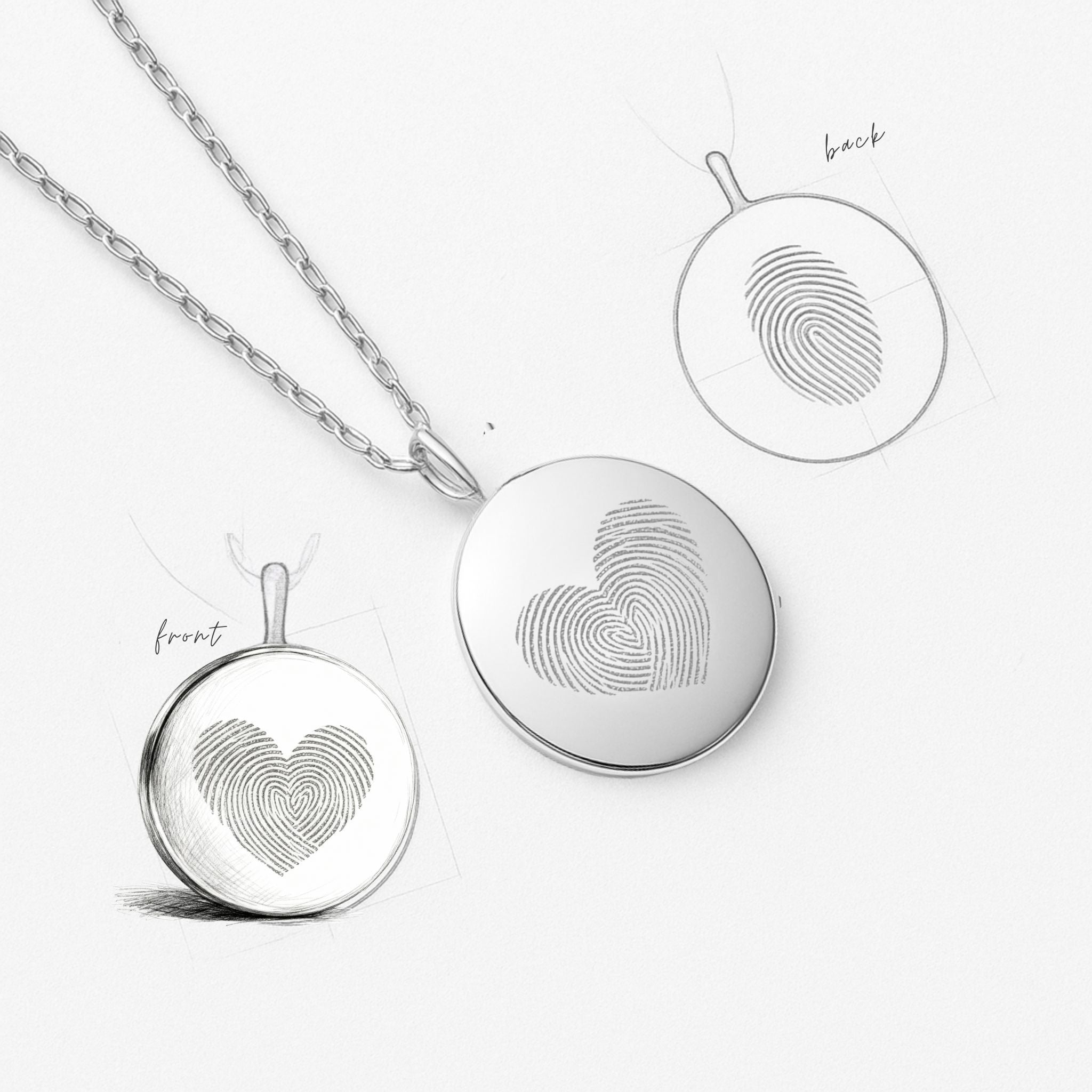 The Danibydsgn Heart Fingerprint Coin Necklace in 925 Sterling Silver displayed beside detailed design sketches showing the front heart fingerprint engraving and back fingerprint concept — a visual of craftsmanship, love, and precision in personalized jewelry.