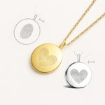 Heart Fingerprint Coin Necklace in 18K Gold Vermeil by Danibydsgn displayed beside design sketches showing front and back engraving options. Features two fingerprints forming a heart on the front and a single fingerprint on the reverse — a luxurious, double-sided personalised pendant symbolising love and memory.