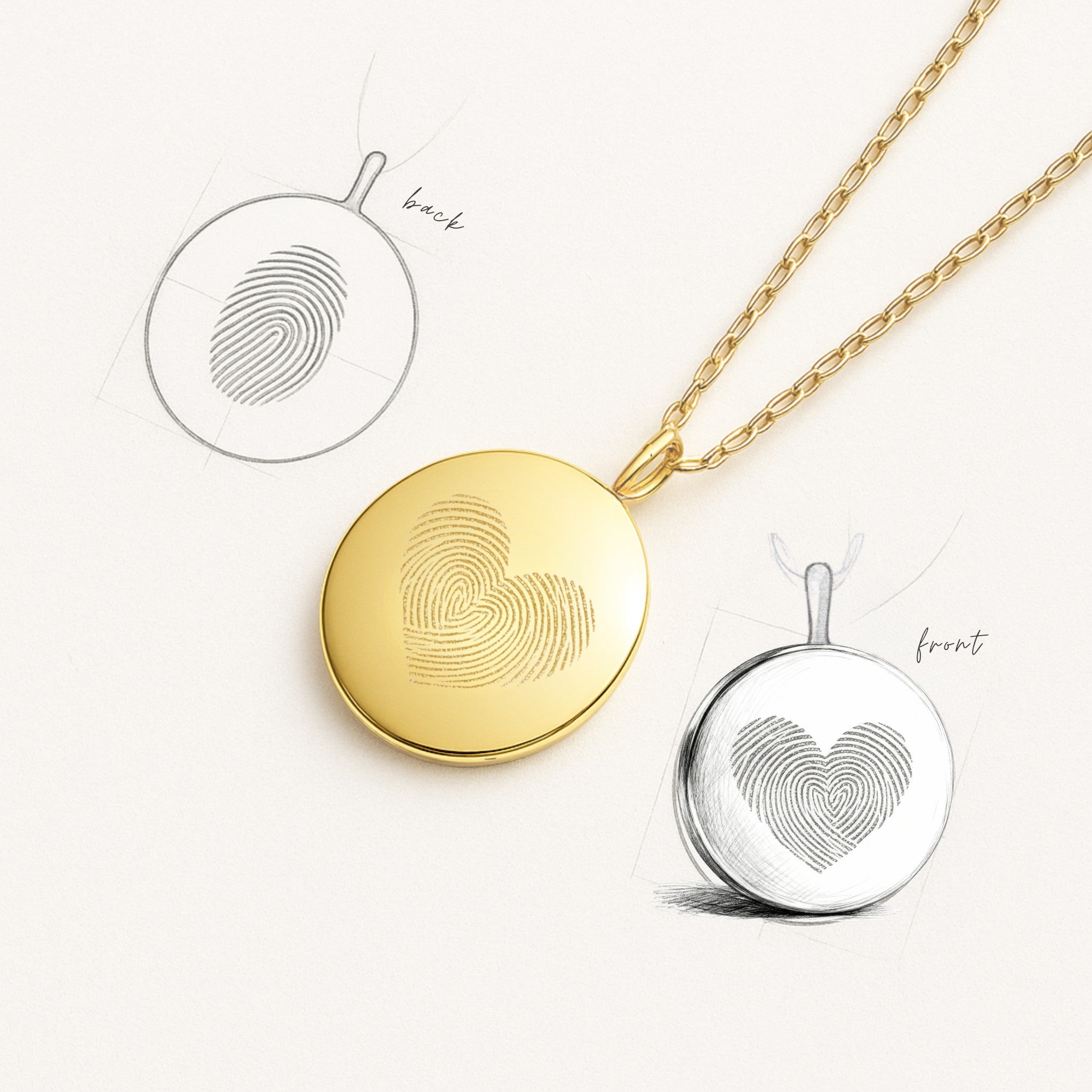 Heart Fingerprint Coin Necklace in 18K Gold Vermeil by Danibydsgn displayed beside design sketches showing front and back engraving options. Features two fingerprints forming a heart on the front and a single fingerprint on the reverse — a luxurious, double-sided personalised pendant symbolising love and memory.