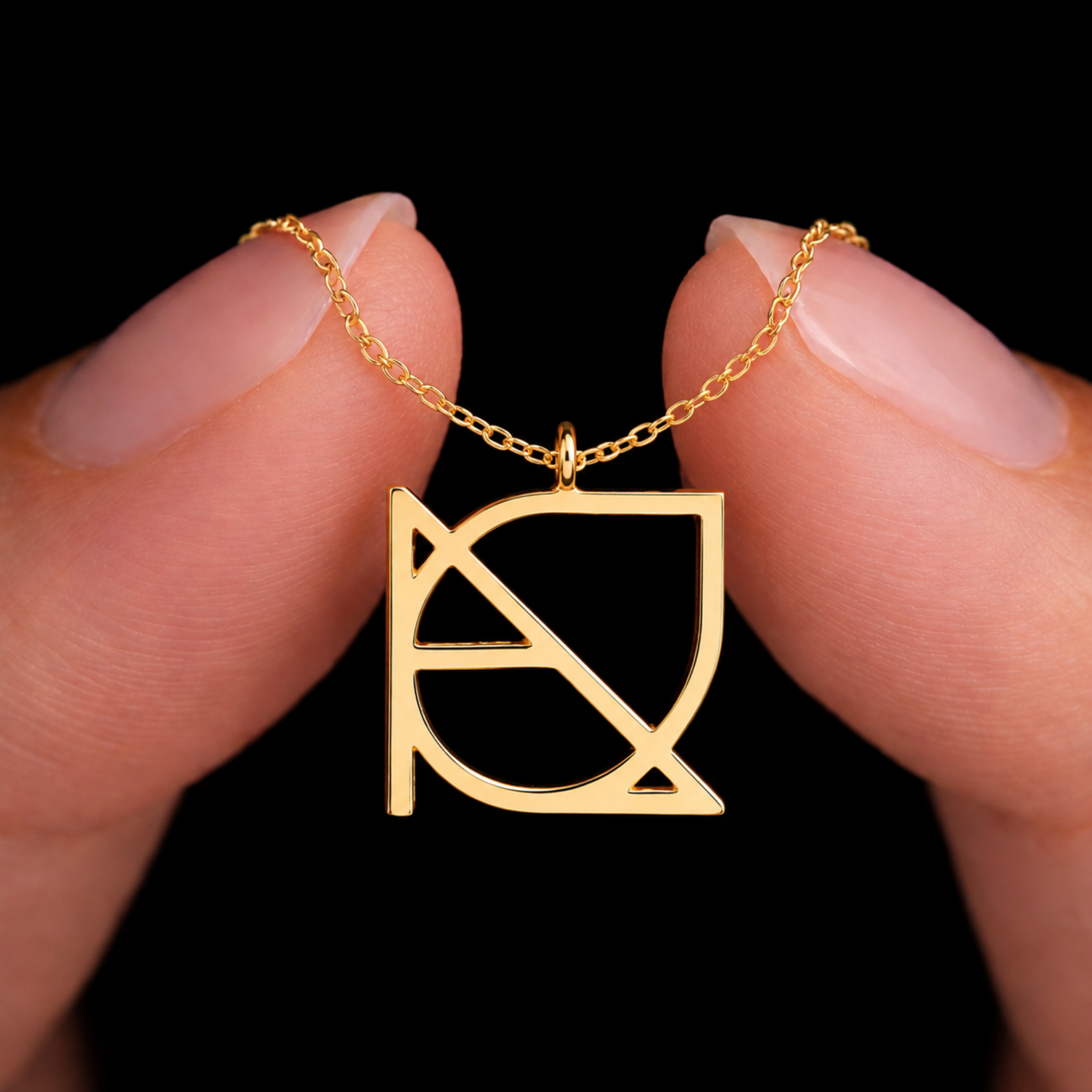 Close-up of fingers holding a custom necklace in 9k gold against a black background, displaying a minimalist jewelry piece featuring a unique hand-designed Danibydsgn symbol cut out jewelry pendant with a top jump ring attachment.
