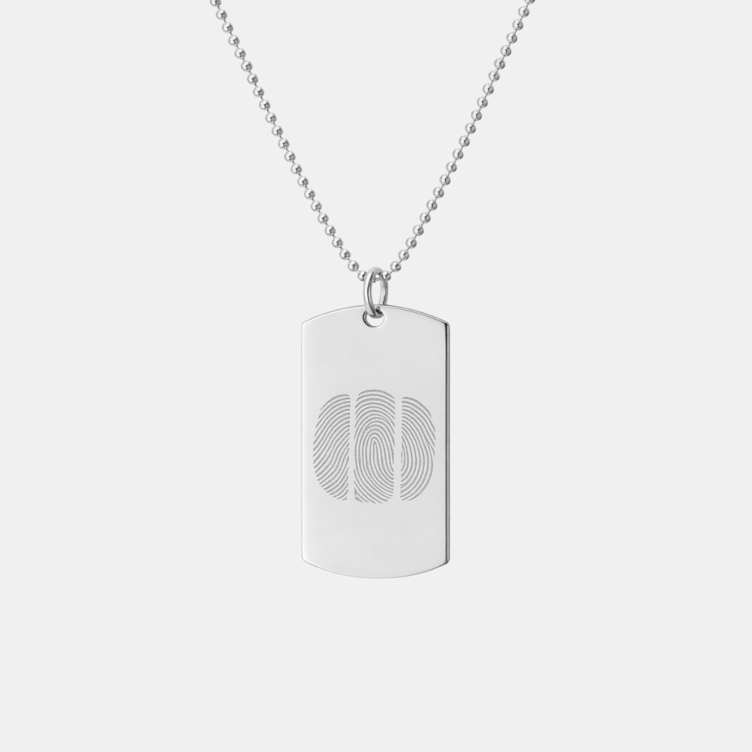 Danibydsgn 925 sterling silver dog tag pendant with custom diamond-engraved three side-by-side fingerprint design, displayed hanging on adjustable bead chain