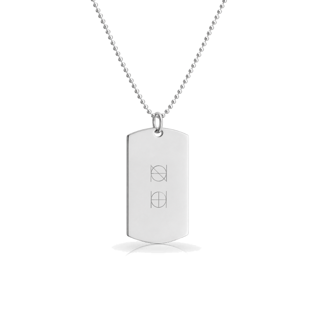 Danibydsgn 925 sterling silver dog tag pendant with two custom diamond-engraved overlapping uppercase symbol designs, displayed hanging on adjustable bead chain