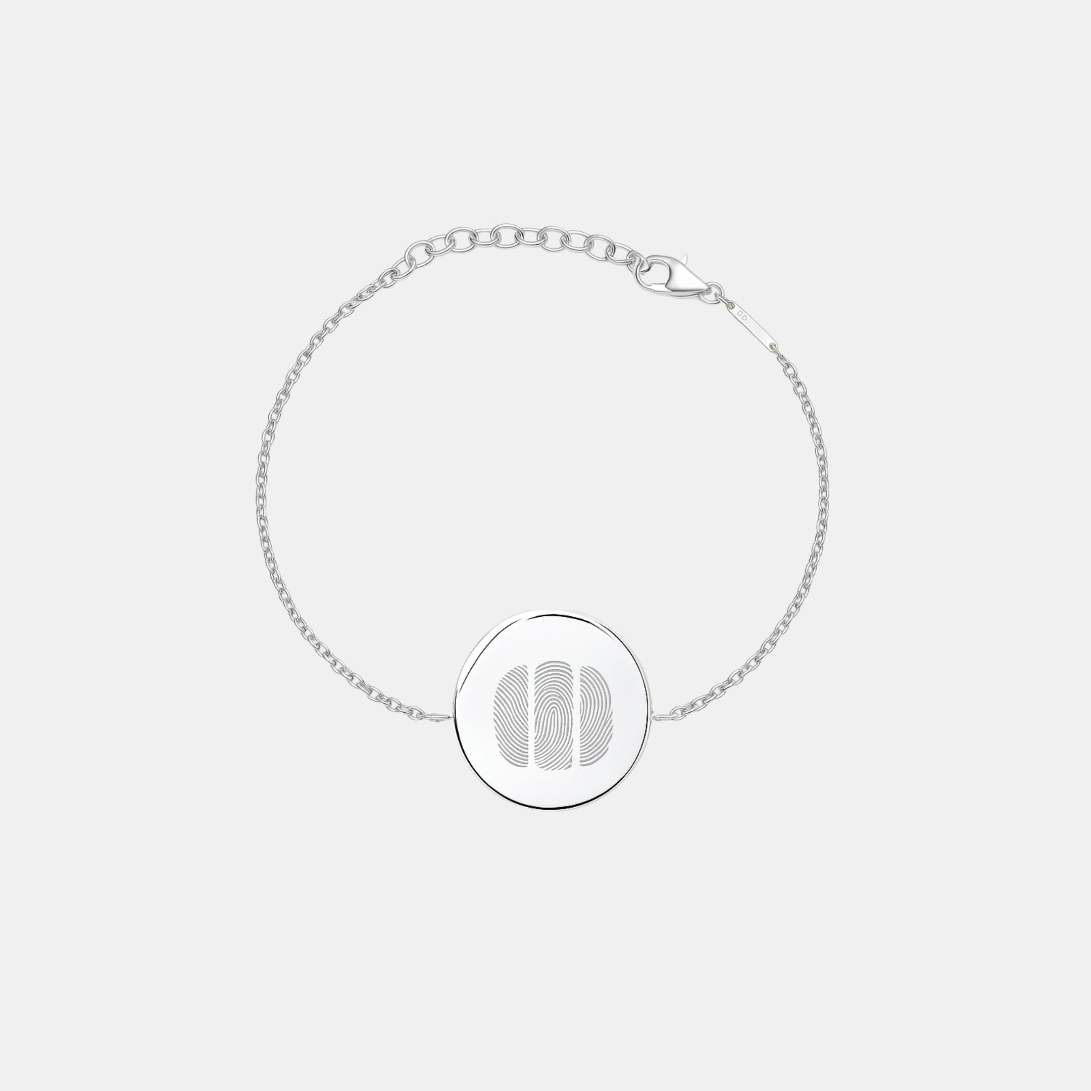 The Danibydsgn Three Fingerprint Coin Bracelet in 925 Sterling Silver displayed on a light background, featuring a polished 16mm coin pendant engraved with three detailed fingerprints and a fine adjustable diamond-cut chain.