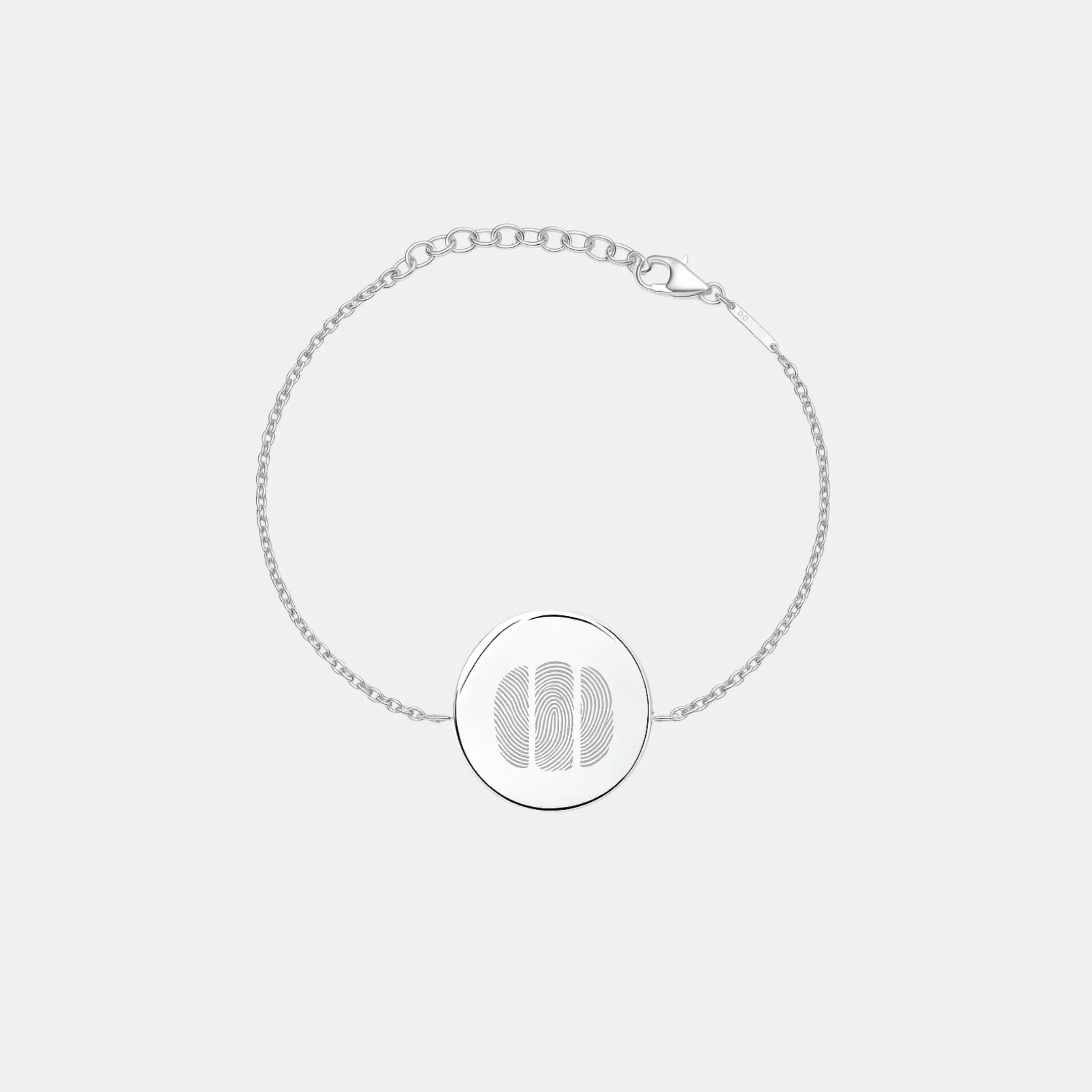 Three fingerprint coin bracelet in 925 sterling silver by Danibydsgn, showcasing intricate design and personalized details.