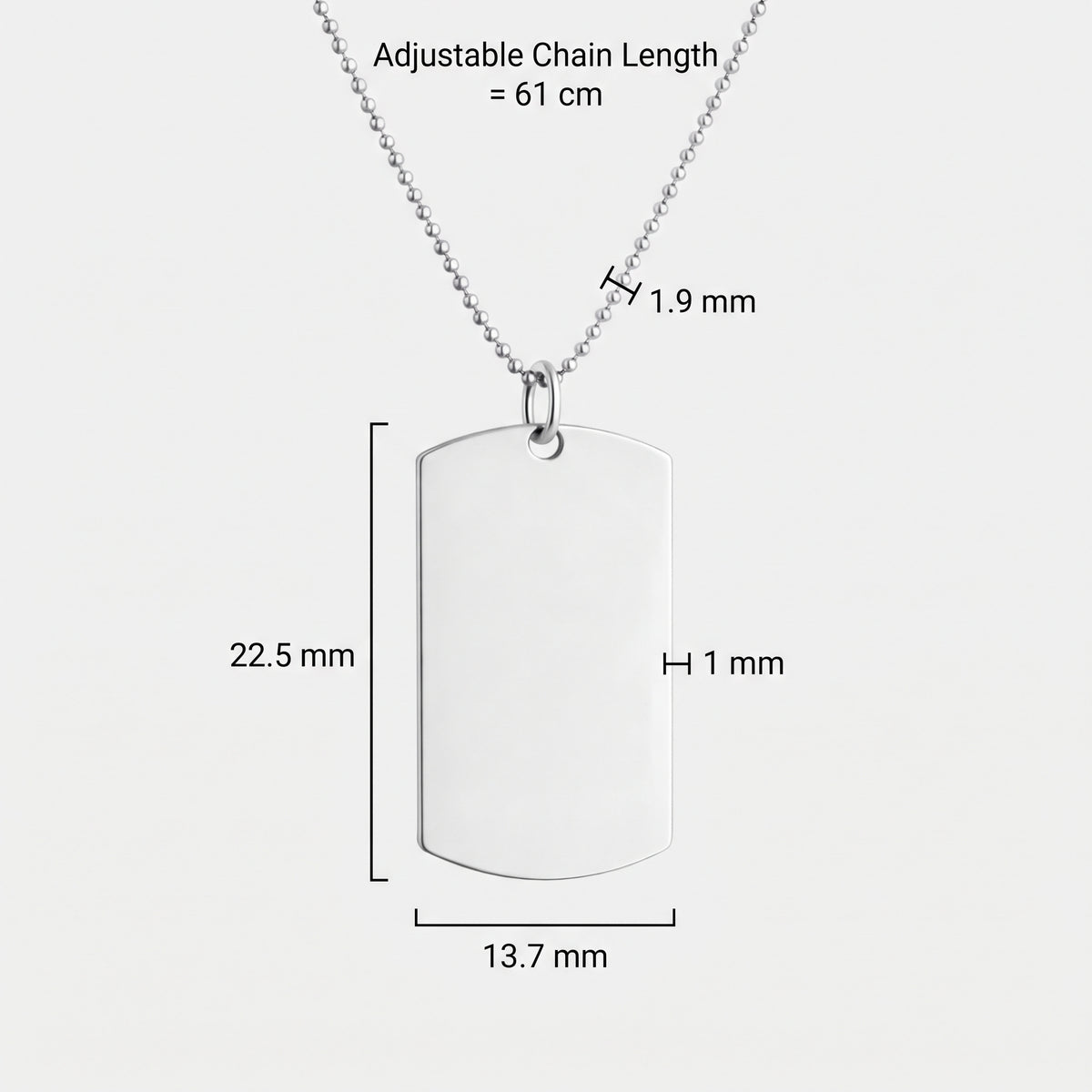 Danibydsgn silver dog tag pendant necklace with adjustable chain length 61 cm, shown with dimension markings.  Custom engraved jewelry from Danibydsgn.