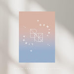 Distinct two-symbol custom joined logo design of two zodiac signs, where white letters are ingeniously joined diagonally and set against a pink/blue gradient background. This bespoke name logo design not only serves as personal branding but has been elegantly printed and framed, into a piece of wall art that enhances the ambiance of any room. The entwined logo embodies simplicity and sophistication, reflecting a versatile approach to body art, fineline tattoo, clothing branding, and illustrative work.