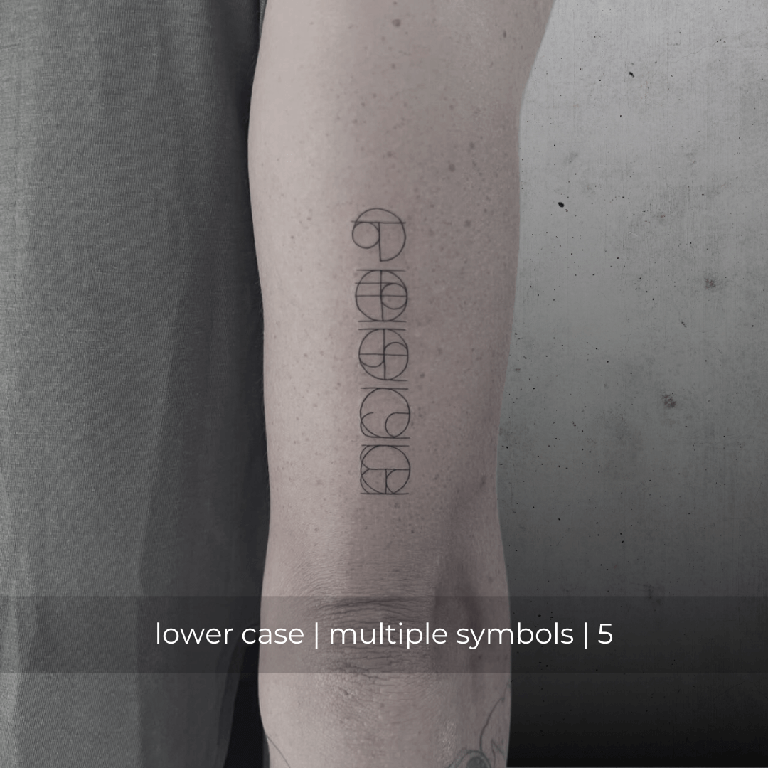 A minimalistic fine line tattoo of an overlapping Custom Logos design on a person's outer arm of a five symbol design in lowercase letters, exemplifying custom logo design, name tattoo design, and body art. This simple tattoo idea showcases personal branding and tattoo art, ideal for both name logos and wall art applications.