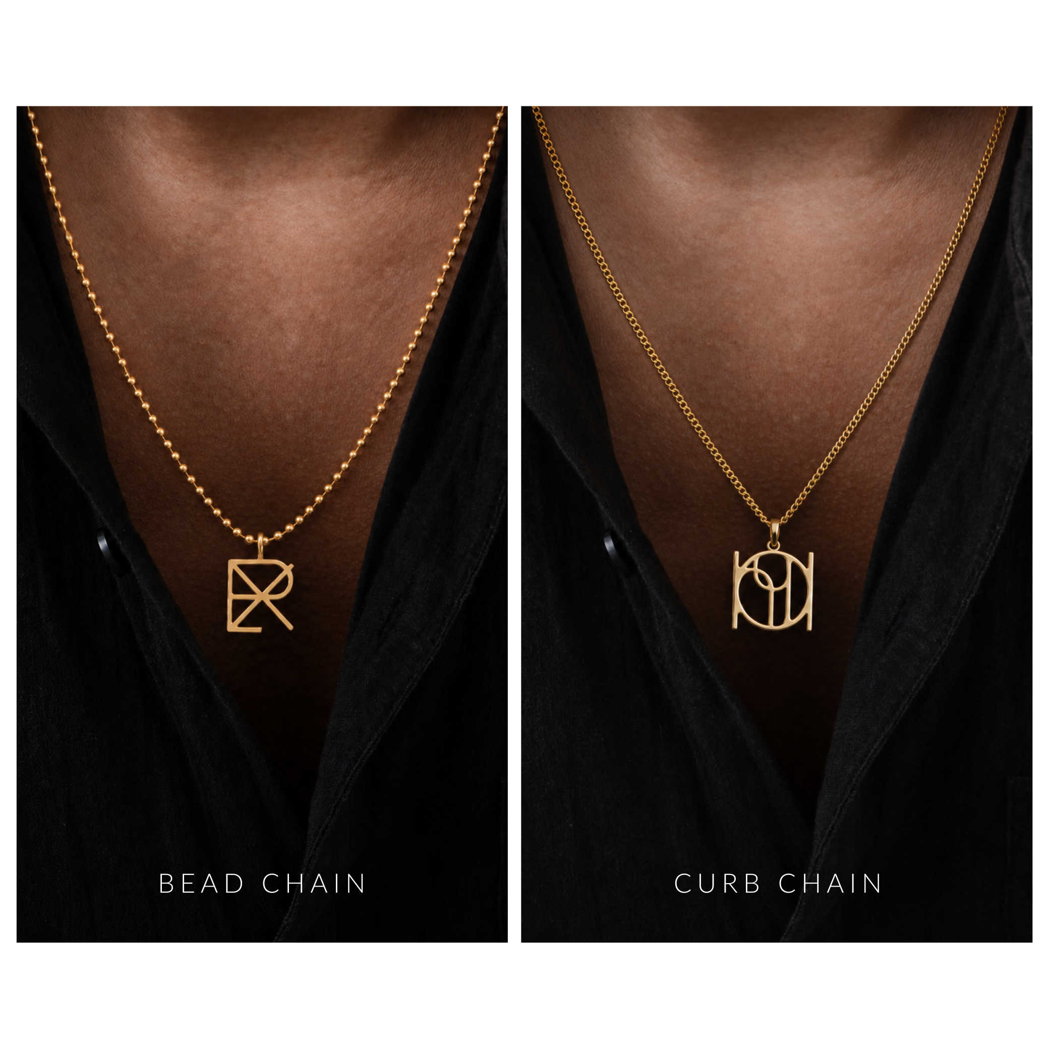 Two side-by-side close-up views of a person wearing a gold necklace with a Danibydsgn cut out symbol pendant necklace over a black shirt. The left panel shows a 9k gold beaded chain labeled 'BEAD CHAIN,' and the right panel shows a 9k gold curb chain labeled 'CURB CHAIN.  Chain length is 20-22 inches ajustable.