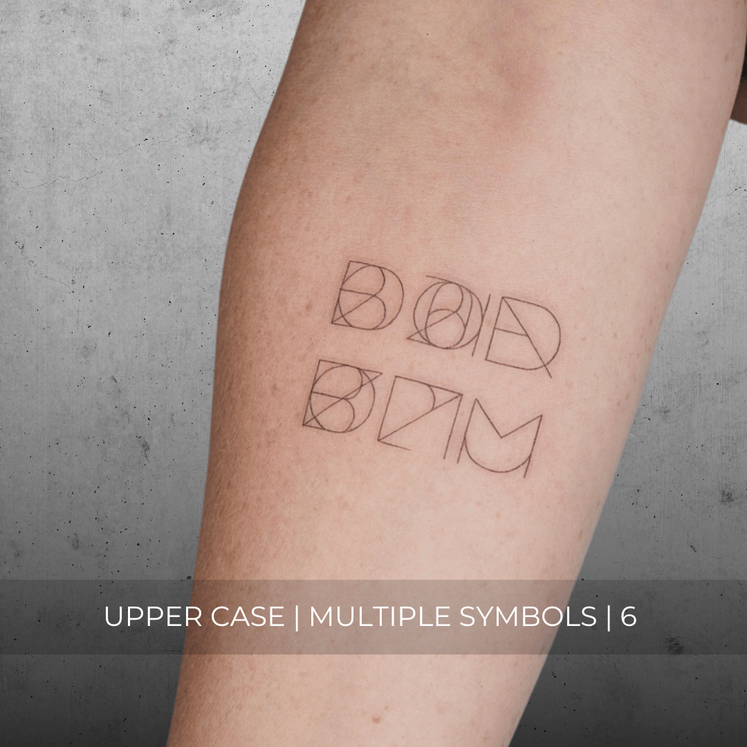 A minimalistic fine line tattoo of an overlapping Custom Logos design on a person's inner arm of a six symbol design in uppercase letters, exemplifying custom logo design, name tattoo design, and body art. This simple tattoo idea showcases personal branding and tattoo art, ideal for both name logos and wall art applications.