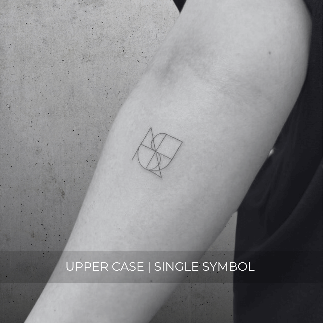 A minimalistic fineline tattoo of an overlapping Custom Logos design on a person's forearm of a single symbol design in uppercase letters, exemplifying custom logo design, name tattoo design, and body art. This simple small tattoo idea showcases personal branding and tattoo art, ideal for both name logos and wall art applications.