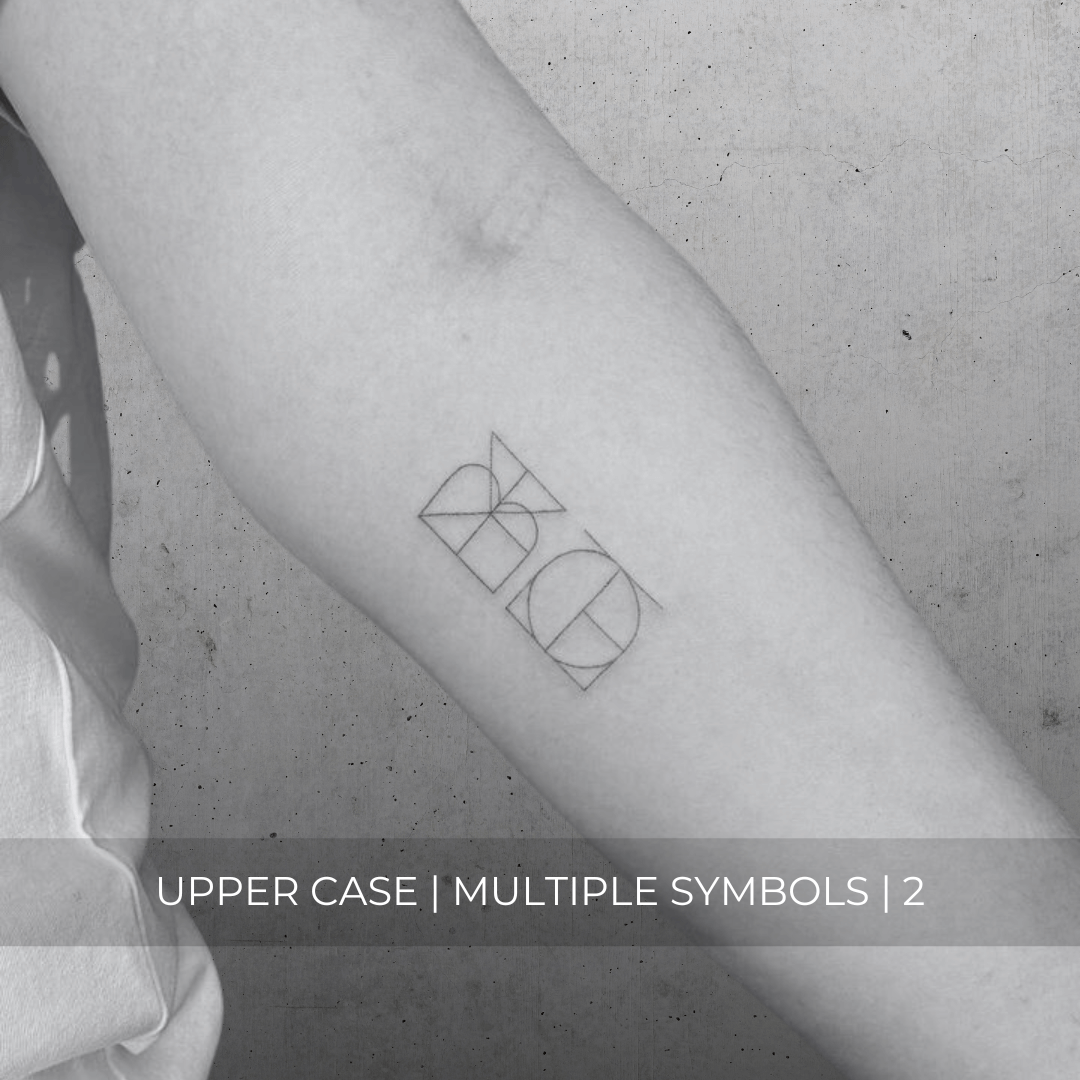 A minimalistic fine line tattoo of an overlapping Custom Logos design on a person's inner arm of a two symbol design in uppercase letters, exemplifying custom logo design, name tattoo design, and body art. This simple tattoo idea showcases personal branding and tattoo art, ideal for both name logos and wall art applications.