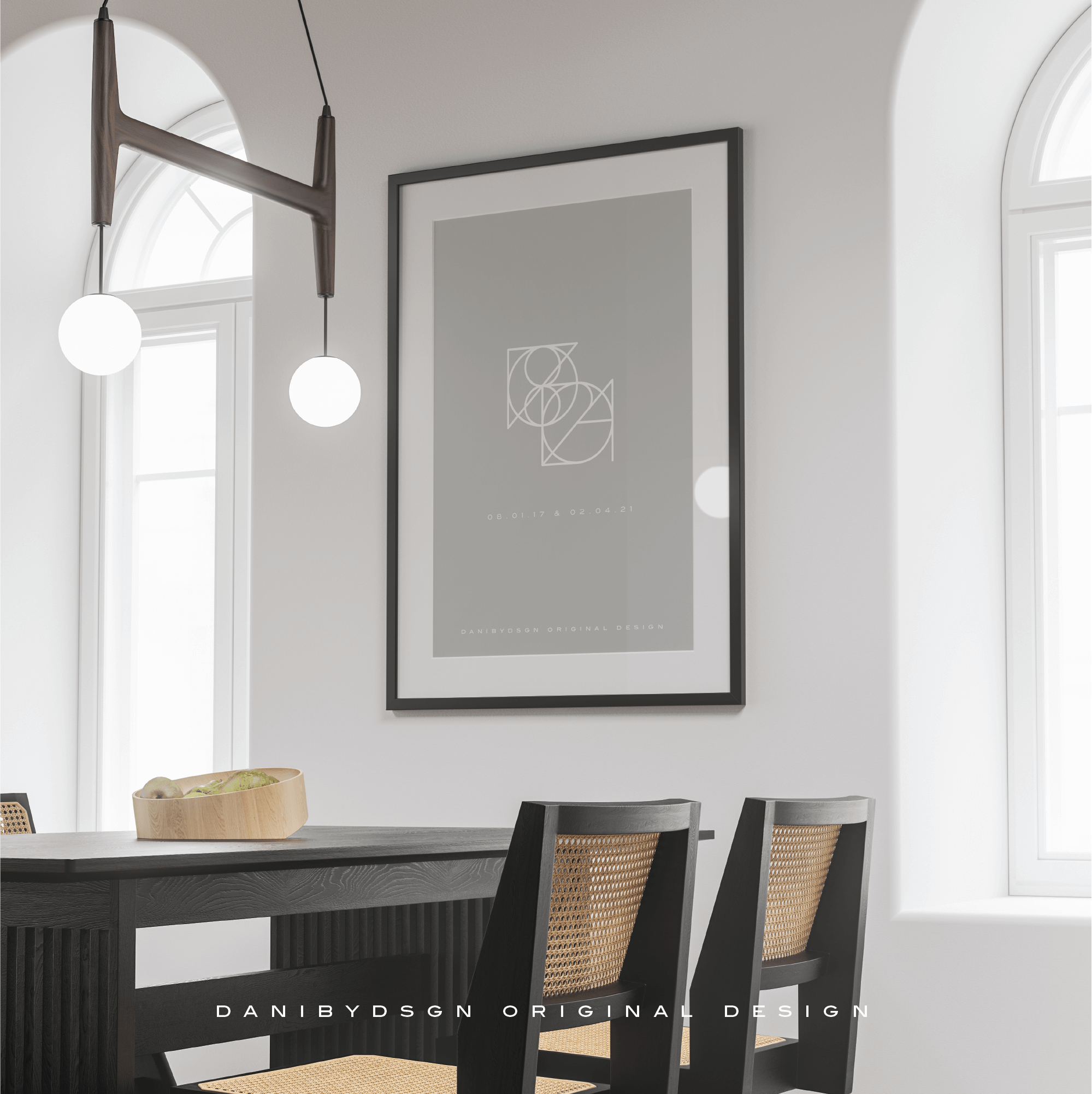 Distinct two-symbol custom joined logo design, where white letters are ingeniously joined diagonally and set against a grey background. This bespoke name logo design not only serves as a compelling piece of personal branding but has been elegantly printed and framed, into a piece of wall art that enhances the ambiance of any room. The entwined logo embodies simplicity and sophistication, reflecting a versatile approach to body art, fineline tattoo, clothing branding, and illustrative work.
